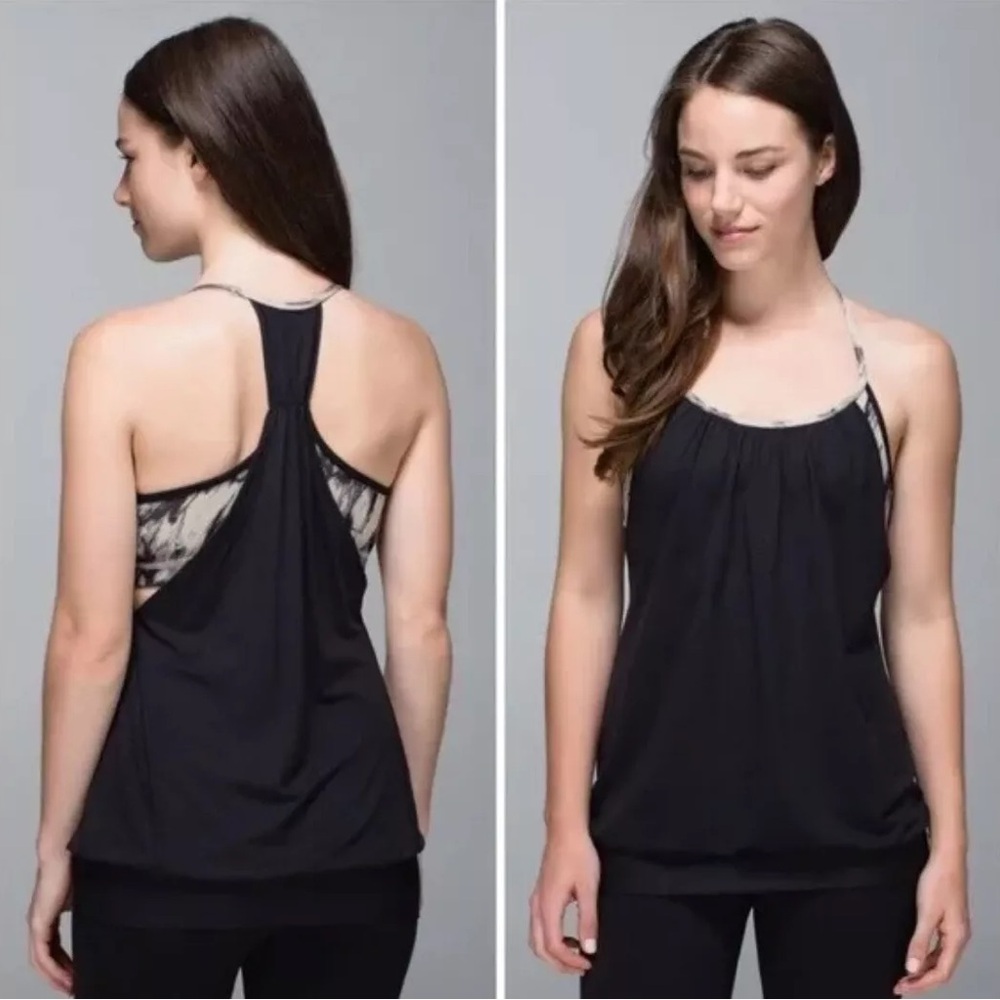 Lululemon No Limits Black Tank Top with Mojave/Granite Tie-Dye Sports Bra 4